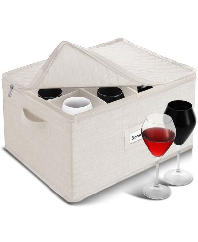 StorageBud Wine Glass Storage Box with Dividers, Quilted Stackable Stemware Case, Hard Shell China Container for 12 Glasses, Moving & Organization