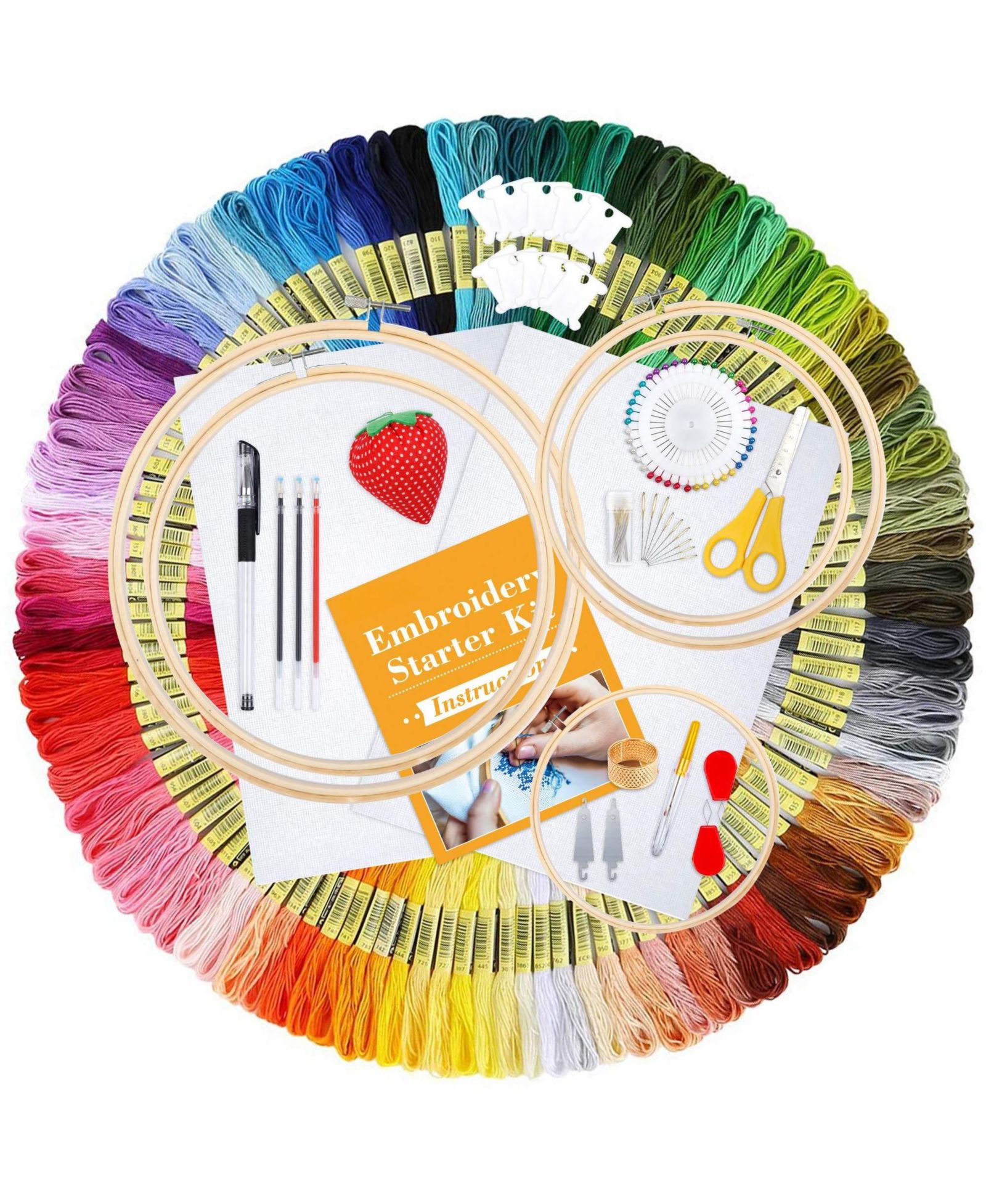 GNUADZ 304 Pack Embroidery Kit 200 Colors Threads 5 Hoops 2 Aida Cloth Tools Set Beginners Adults