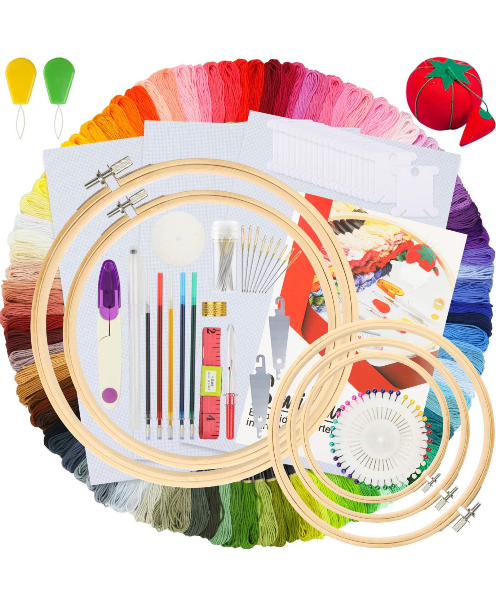 GNUADZ Embroidery Kit 100 Colors Threads 5 Hoops 3 Aida Cloth 40 Pins Cross Stitch Tools Starter Adults Beginners