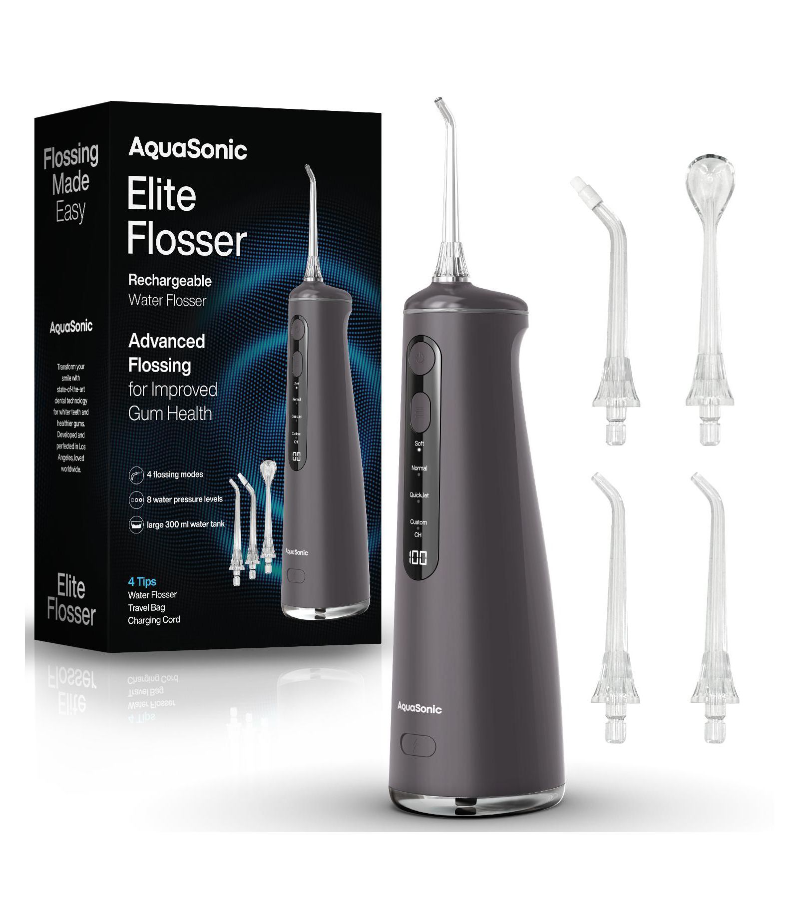 AquaSonic Elite ирригатор для полости рта перезаряжаемый - 300ml Tank, 4 Tips, Travel Bag