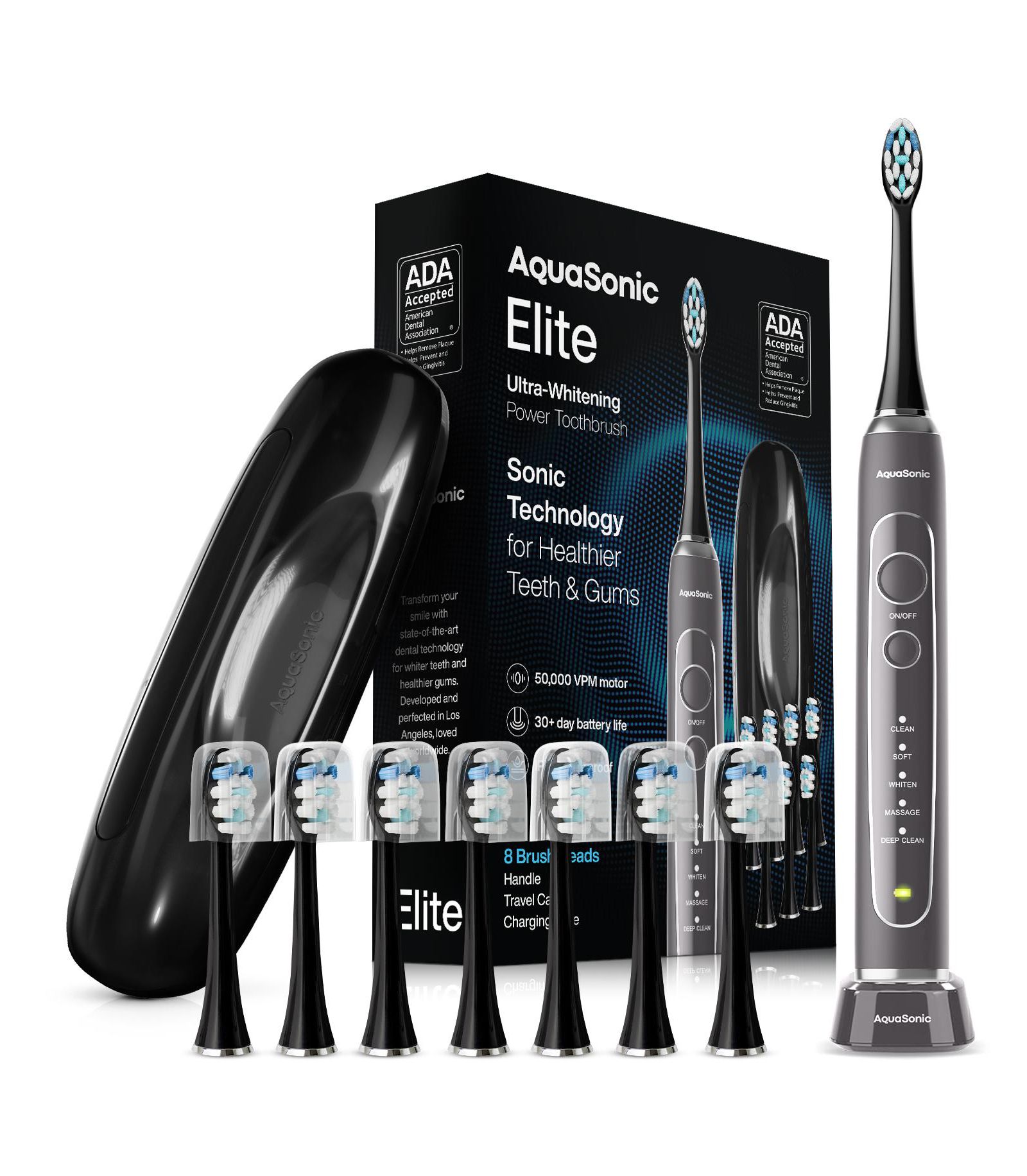 AquaSonic Elite Rechargeable Electric Toothbrush Set - ADA Accepted, 5 Modes, Travel Case, 8 Brush Heads