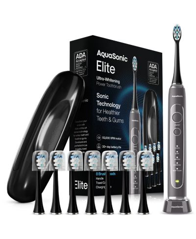 AquaSonic Elite Rechargeable Electric Toothbrush Set - ADA Accepted, 5 Modes, Travel Case, 8 Brush Heads