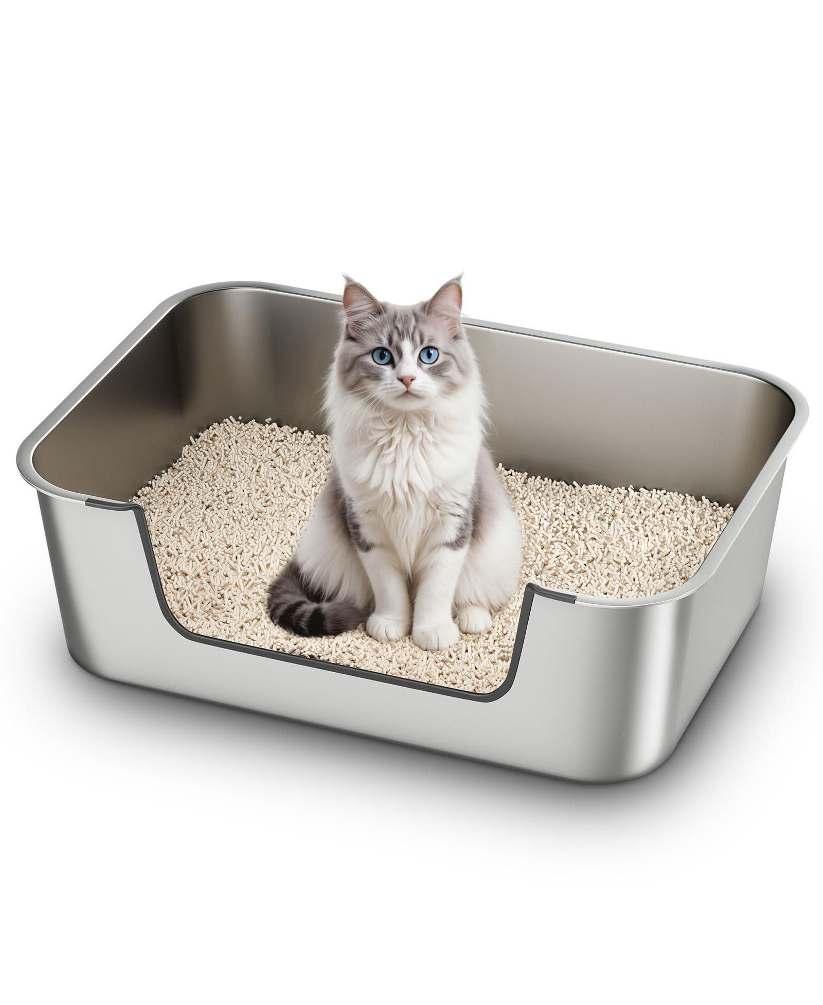 ARONKL Stainless Steel Cat Litter Box Low Entry Anti Splash Odor Free Non Stick Easy Clean for Senior Injured Cats