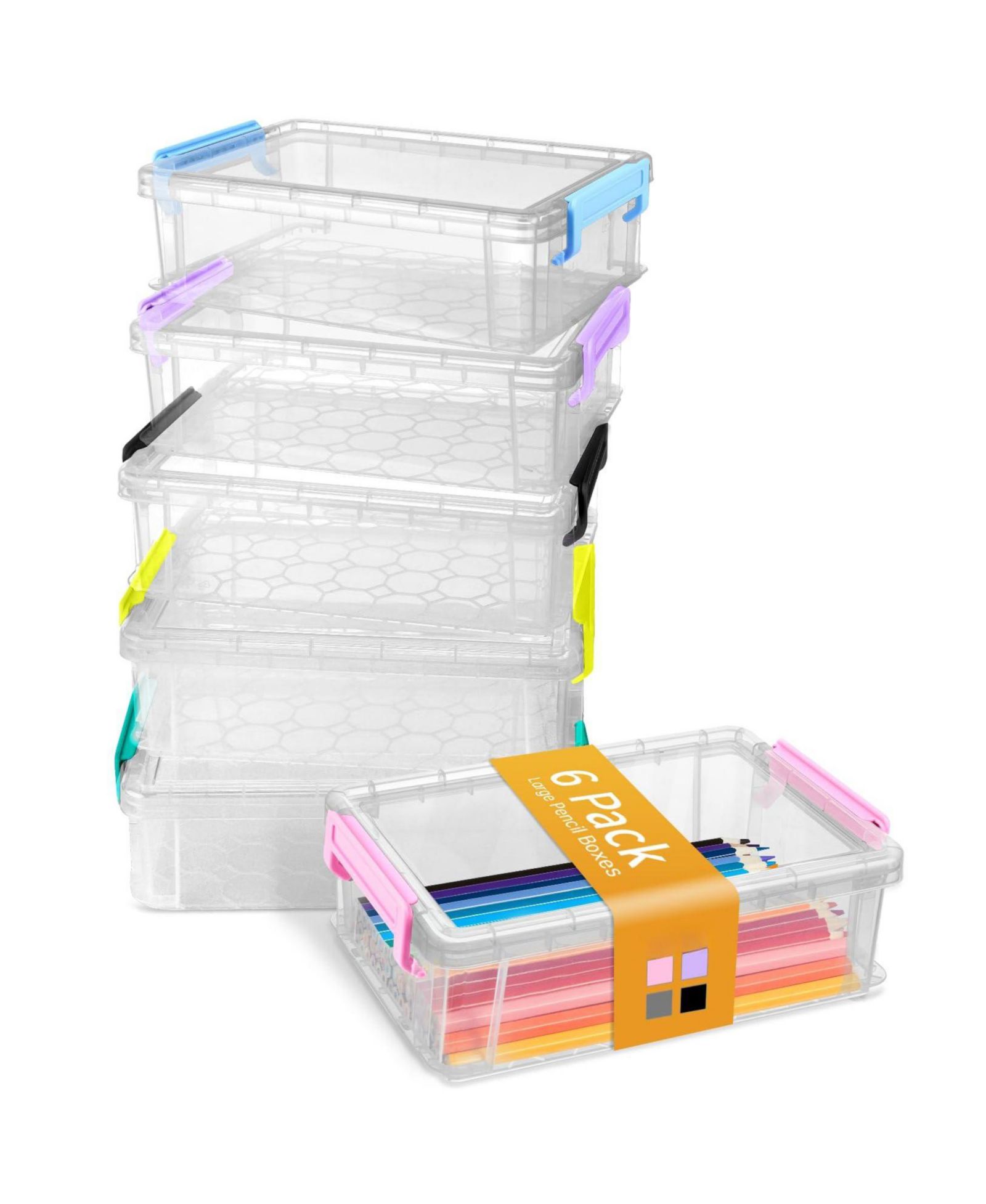 GNUADZ 6pack Pencil Box Plastic Case Crayon Marker Organizer Container Lid Stackable Storage Craft Pen Art School