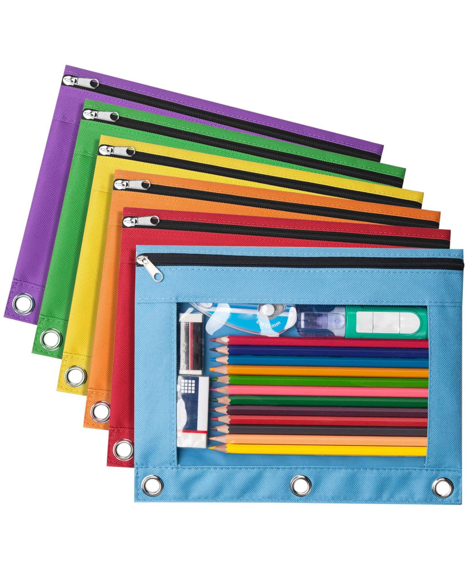GNUADZ 6 Pack Pencil Pouches 3 Ring Binder Zipper Clear Top Bag Grommets