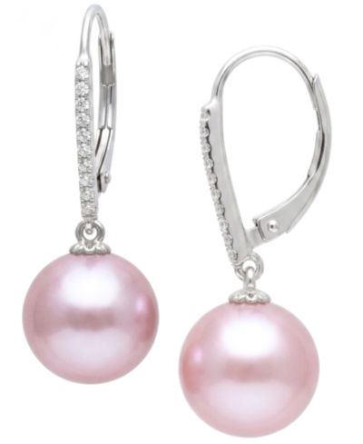 Серьги-подвески Macy's Cultured Freshwater Pearl (10mm) & Diamond в 14k White Gold