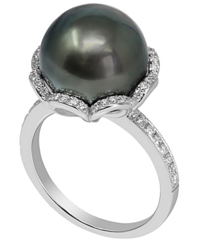 Macy's Cultured Tahitian Pearl (11mm) & Diamond (1/4 ct. t.w.) Ring in 925 Sterling Silver
