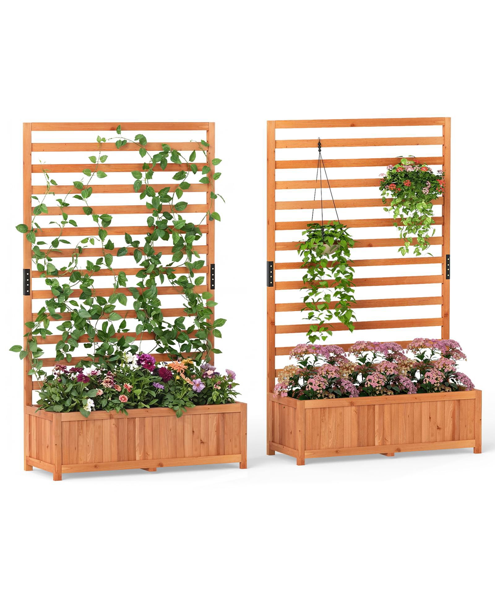 Gymax 2 PCS Wooden Raised Garden Bed w/ Vertical Trellis Liner Drainage