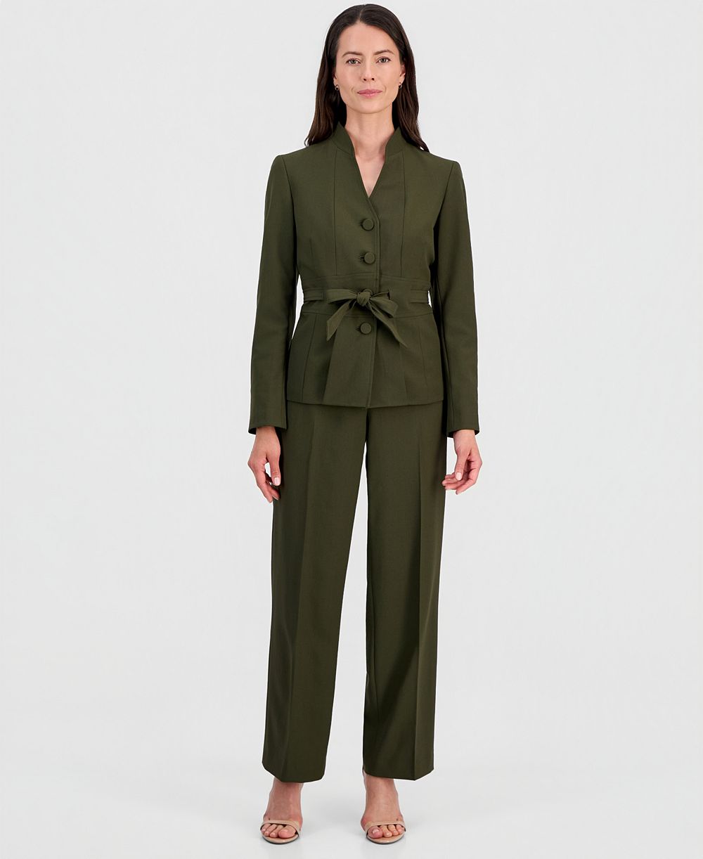 Le Suit Women's Four-Button Belted Jacket & Fly-Front Wide-Leg Pants Suit