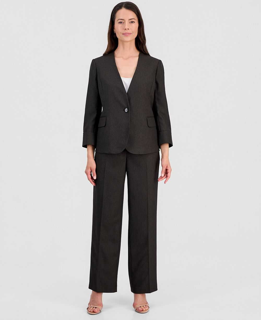 Le Suit Women's Collarless One-Button Jacket & Fly-Front Wide-Leg Pants Suit
