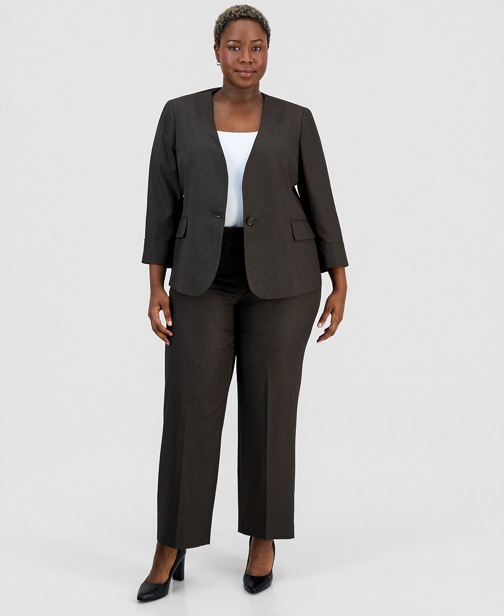 Le Suit Plus Size Collarless One-Button Jacket & Fly-Front Wide-Leg Pants Suit