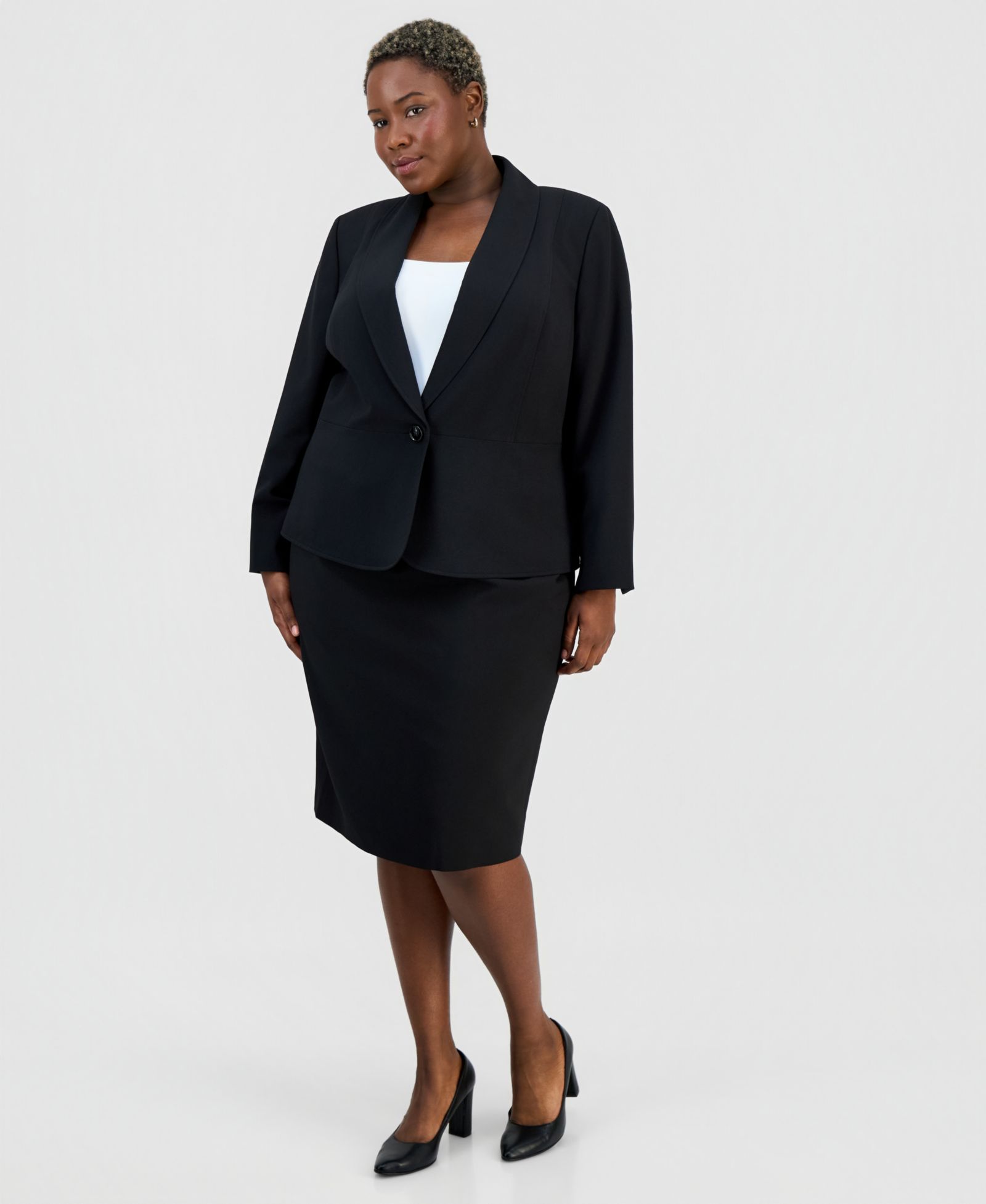 Le Suit Plus Size Shawl-Collar One-Button Jacket & Yoked Slim Skirt Suit
