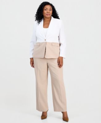 Le Suit Plus Size Colorblocked One-Button Peplum Jacket & Fly-Front Wide-Leg Pants Suit