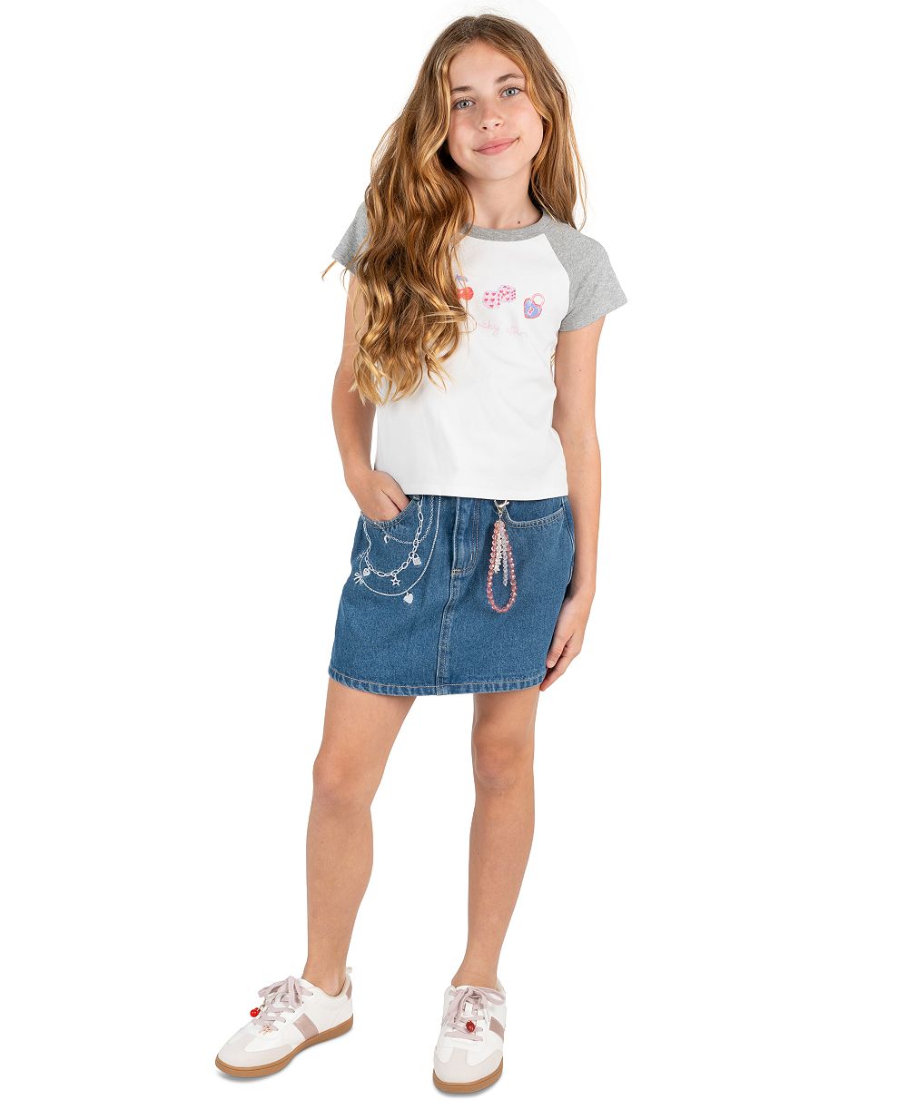 Tween Diva Girls' 7-12 Graphic Raglan T-Shirt and Embroidered Denim Skort, 2-Piece Set