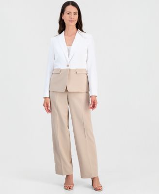 Le Suit Colorblocked One-Button Peplum Jacket & Fly-Front Wide-Leg Pants Suit