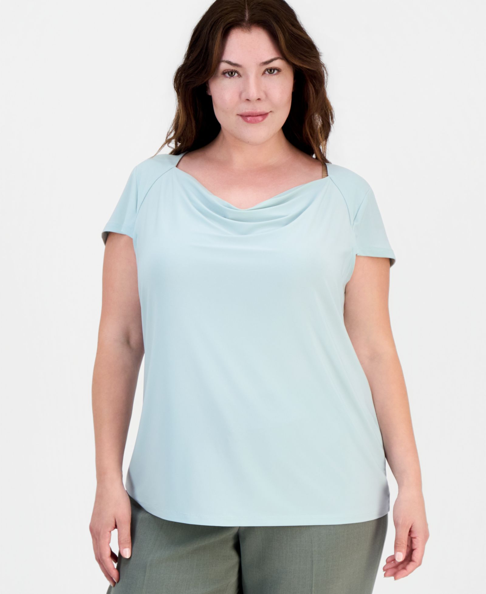 Верх Kasper Plus Size с воротником-бисерным вырезом и коротким рукавом