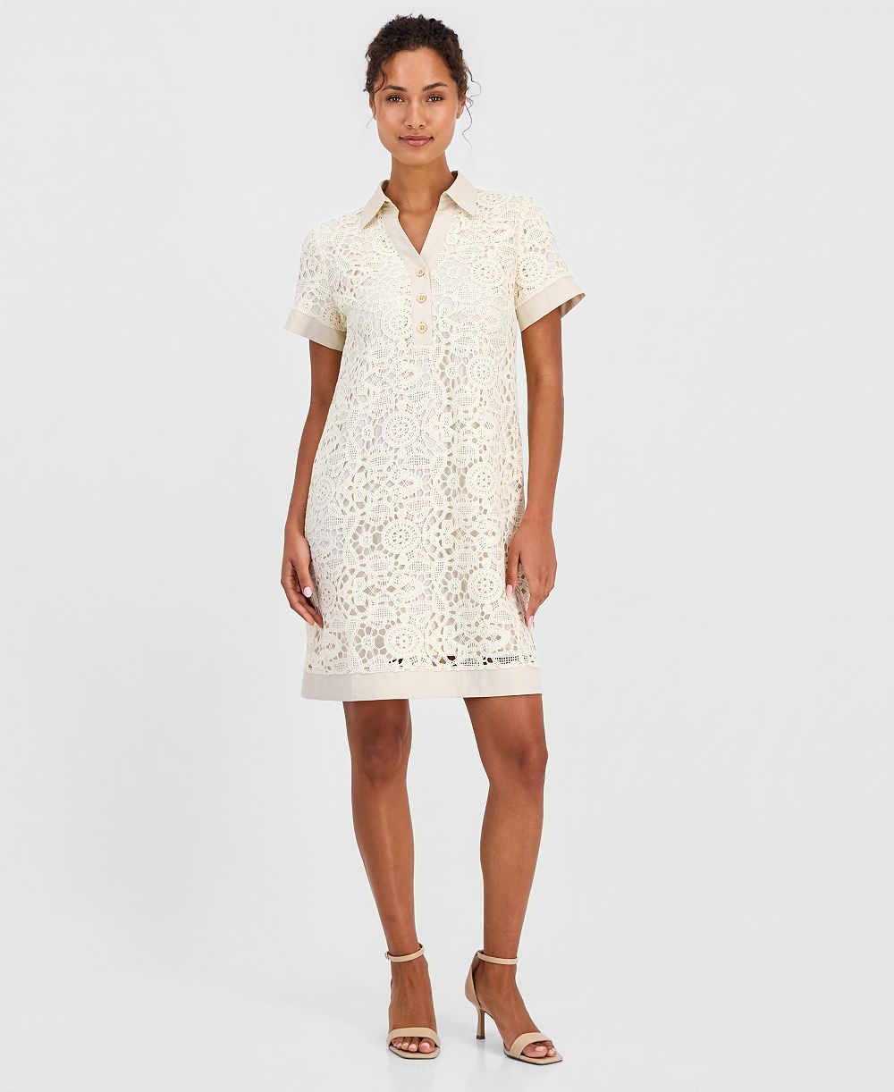 T Tahari Women's Cotton Collared Lace Shift Dress