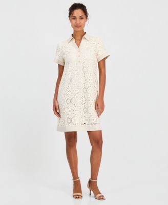 T Tahari Women's Cotton Collared Lace Shift Dress