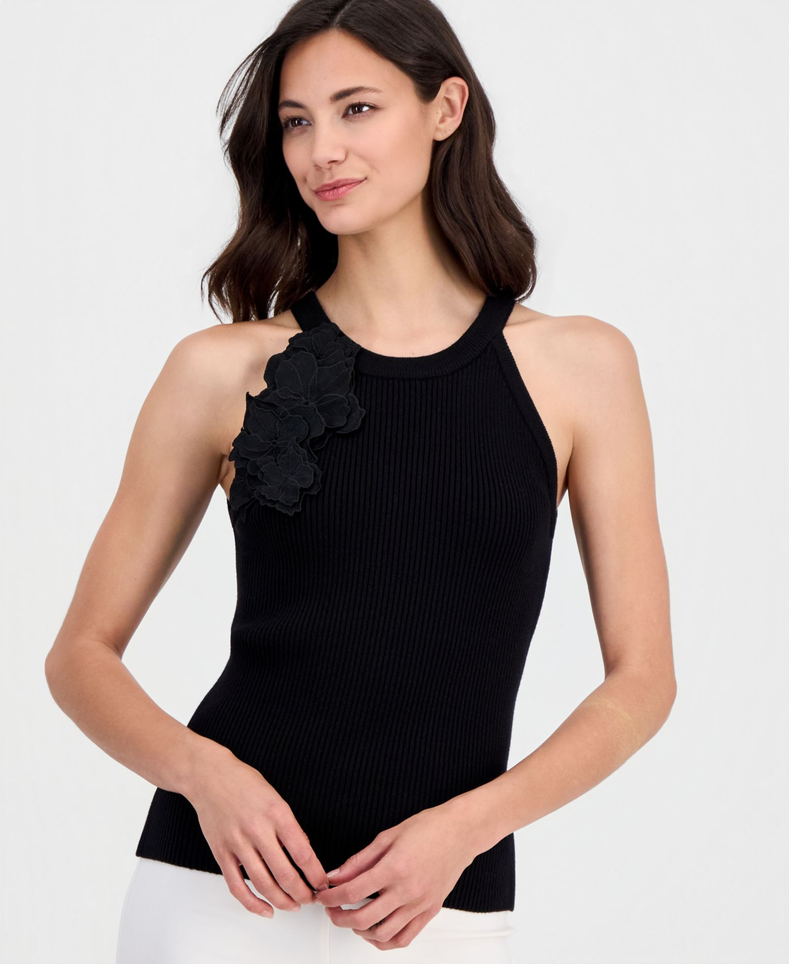 T Tahari Women's Round-Neck Floral-Appliqué Rib-Knit Top