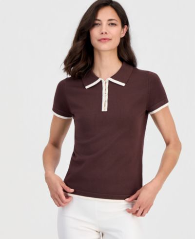 T Tahari Women's Polo-Collar Short-Sleeve Top