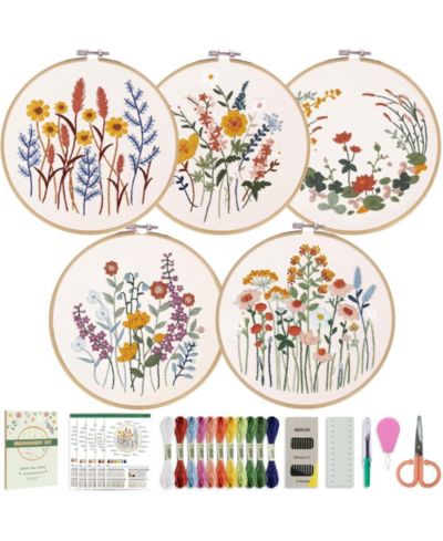 GNUADZ 5 Pack Beginner Embroidery Kit Adults Floral Patterns Hoop Threads Tools