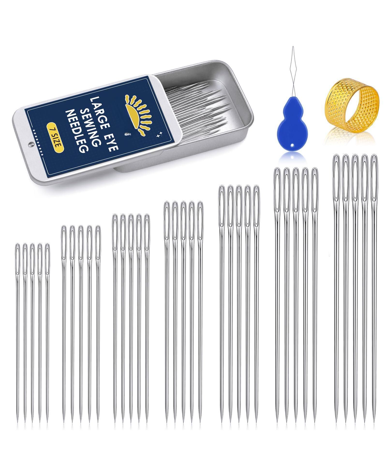 GNUADZ 35pieces Large Eye Sewing Needles Handsewing Leather Embroidery Thread Stainless Steel Yarn Knitting Threader Thimble Crafts Repair Quilting