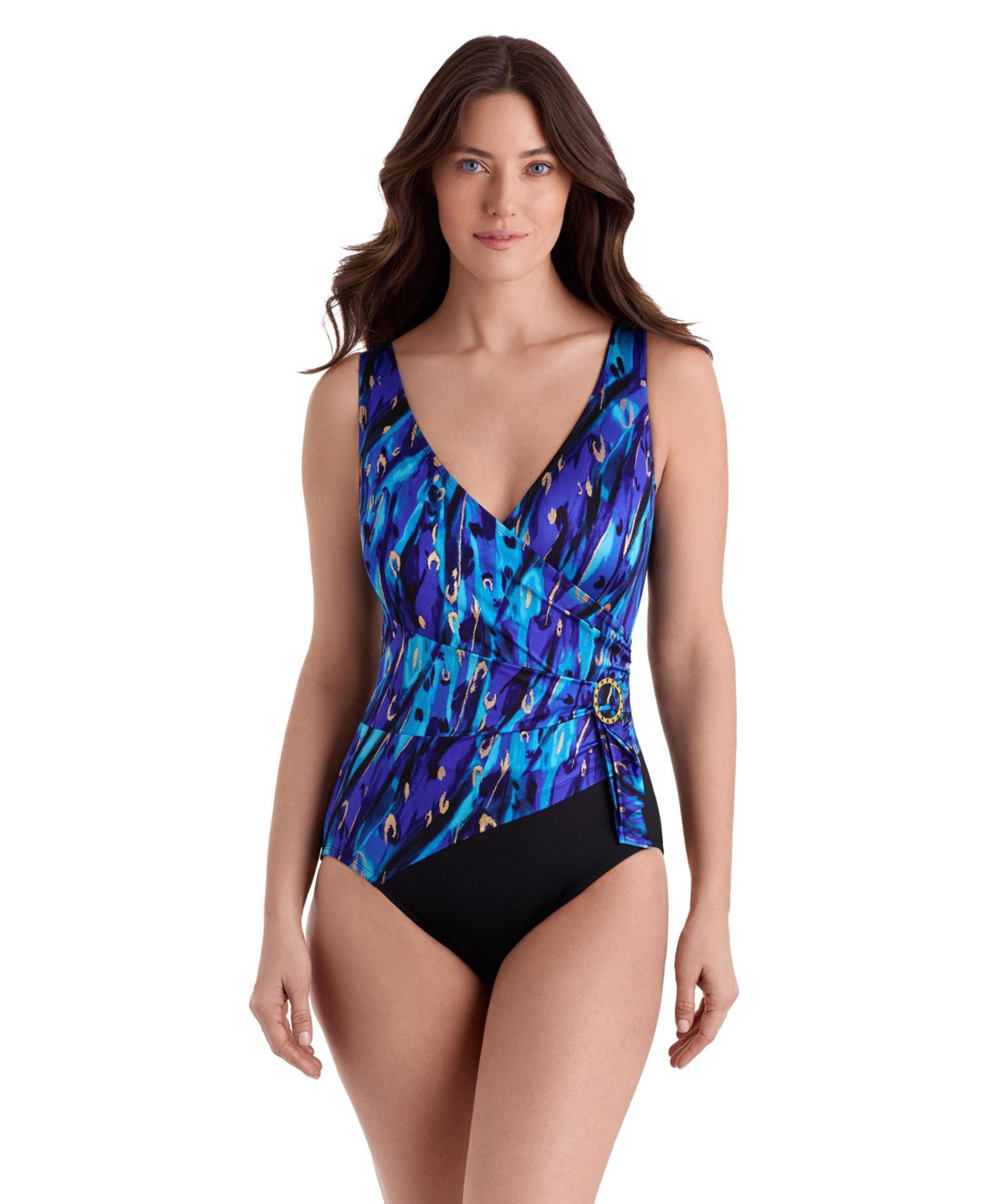 Longitude Women's Gilded Garden Buckle Shirred Surplice Long Torso One-Piece Swimsuit