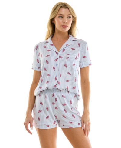 Jaclyn Intimates Women's Short-Sleeve Notch Collar Top and Shorts, 2-Piece Set