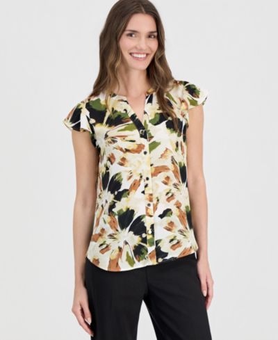 Anne Klein Women's Printed Split-Neck Flutter-Sleeve Blouse