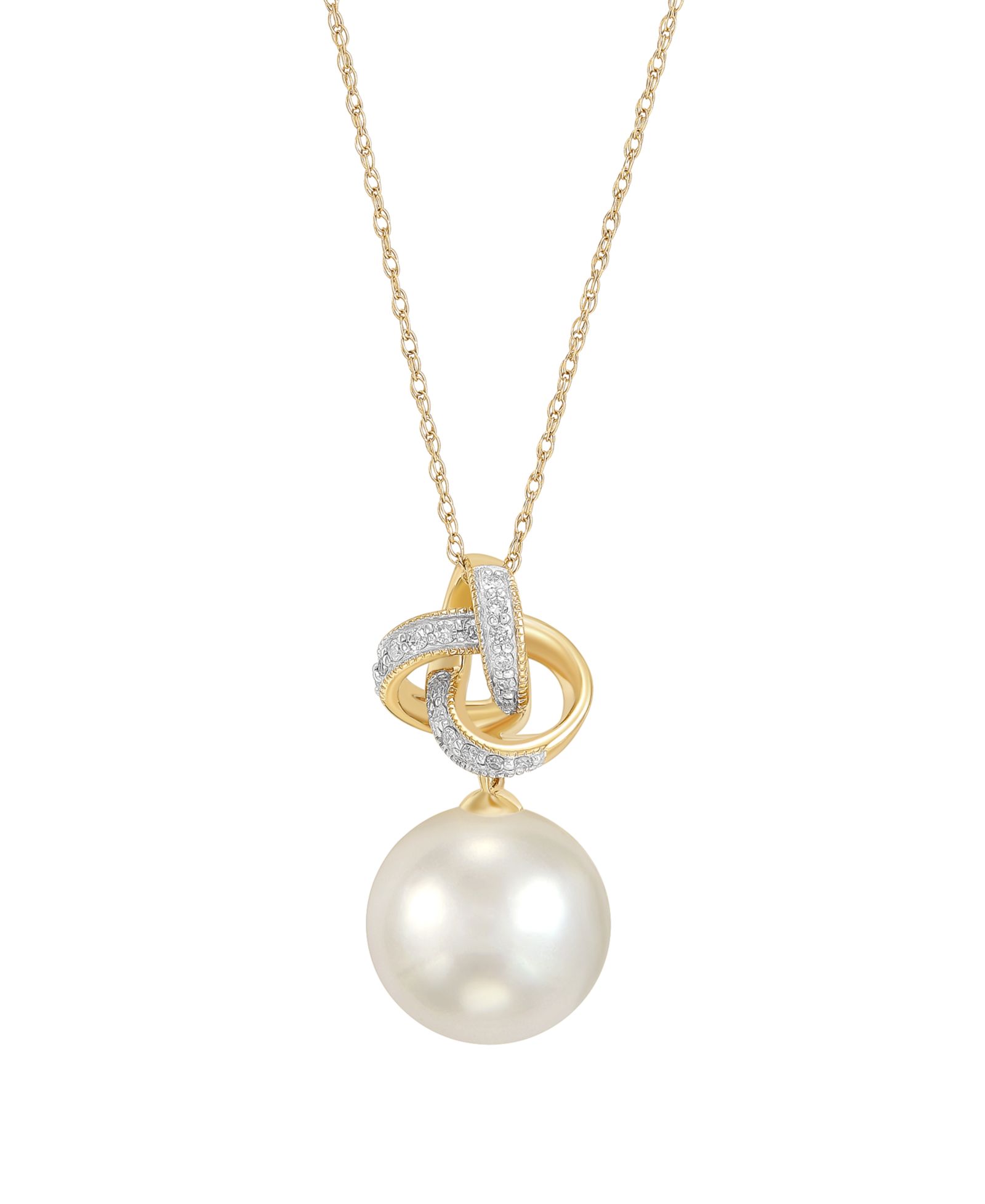 Honora White Ming Pearl (11-12mm) and Diamond (1/10 ct. t.w.) Loveknot Pendant Necklace in 10k Yellow Gold