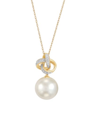 Подвеска Honora Loveknot с белым жемчугом Ming (11-12mm) и бриллиантом (1/10 ct. t.w.) в желтом золоте 10k
