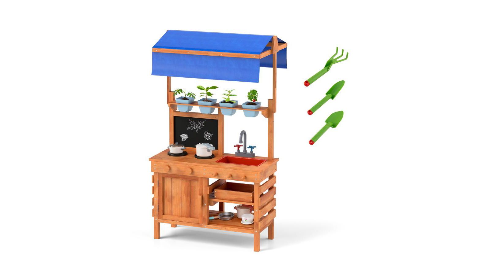 Hongge Wooden Adjustable-Canopy Pretend Play Kitchen with Accessories, Ages 3+