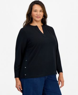 Style & Co Plus Size LuxLounge French Terry Split-Neck Long-Sleeve Top, Macy's Exclusive