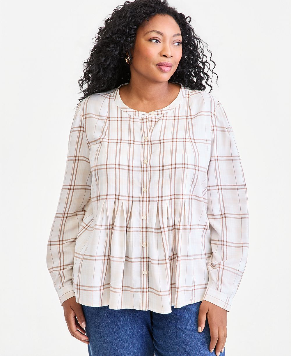 Style & Co Plus Size Plaid Long-Sleeve Pleat Front Top, Macy's Exclusive