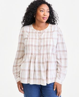 Style & Co Plus Size Plaid Long-Sleeve Pleat Front Top, Macy's Exclusive