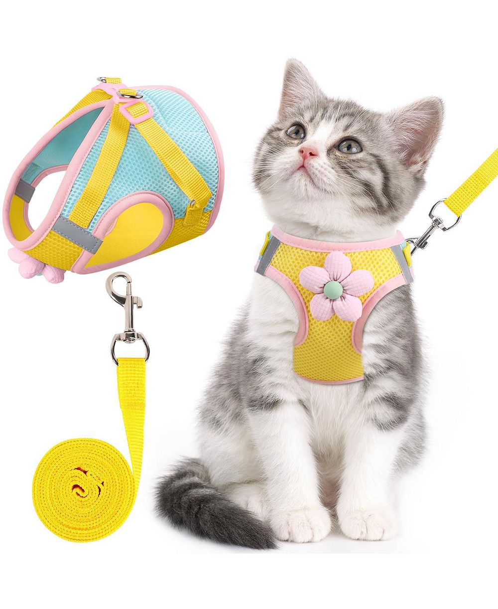 ARONKL Cat Harness Leash Set Escape Proof Adjustable Breathable Mesh Reflective Strips Flower Cute Walking