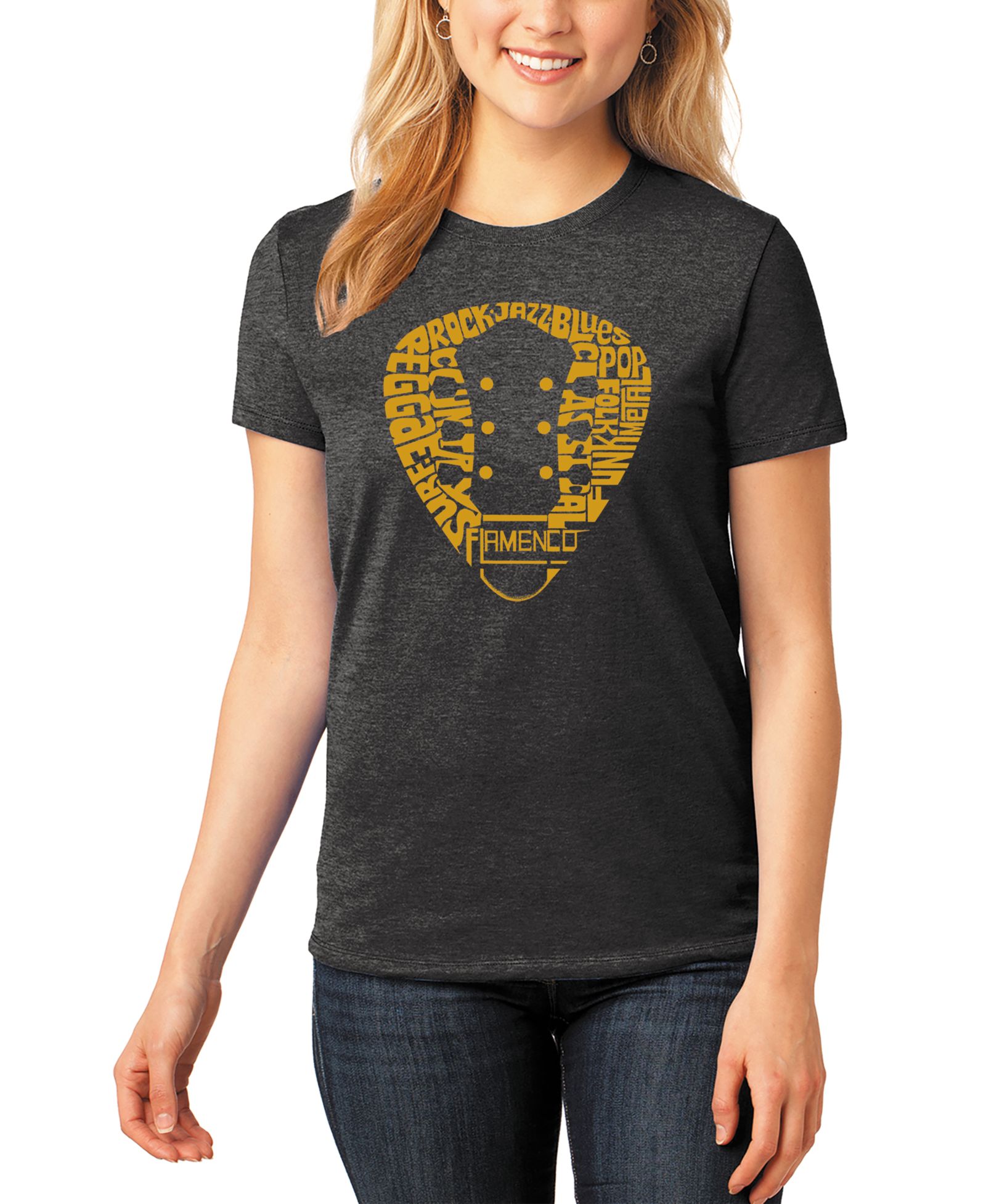 LA Pop Art Women's Premium Blend Guitar Pick Genres Word Art T-Shirt