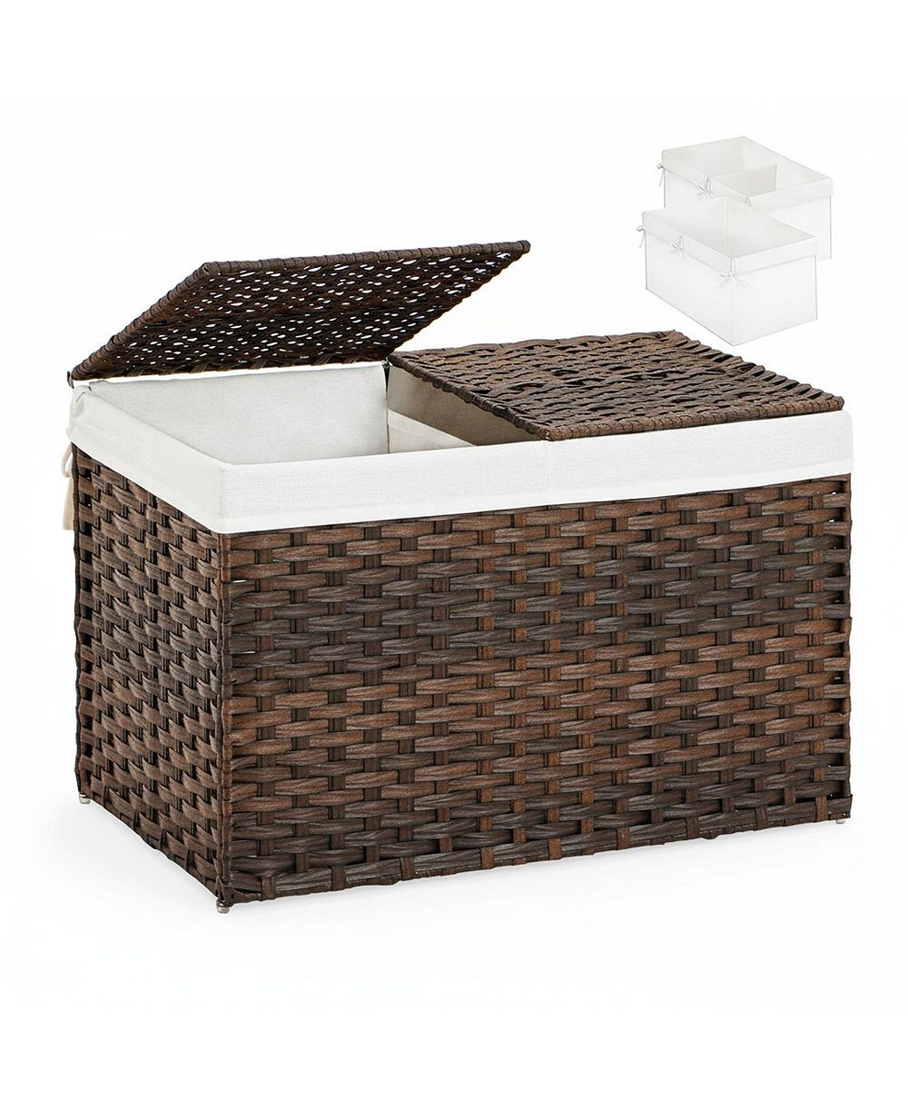 YIGII Storage Basket With Lid Woven Wicker 2 Bins 92 Gallon Foldable Removable Liners For Bedroom Laundry Room