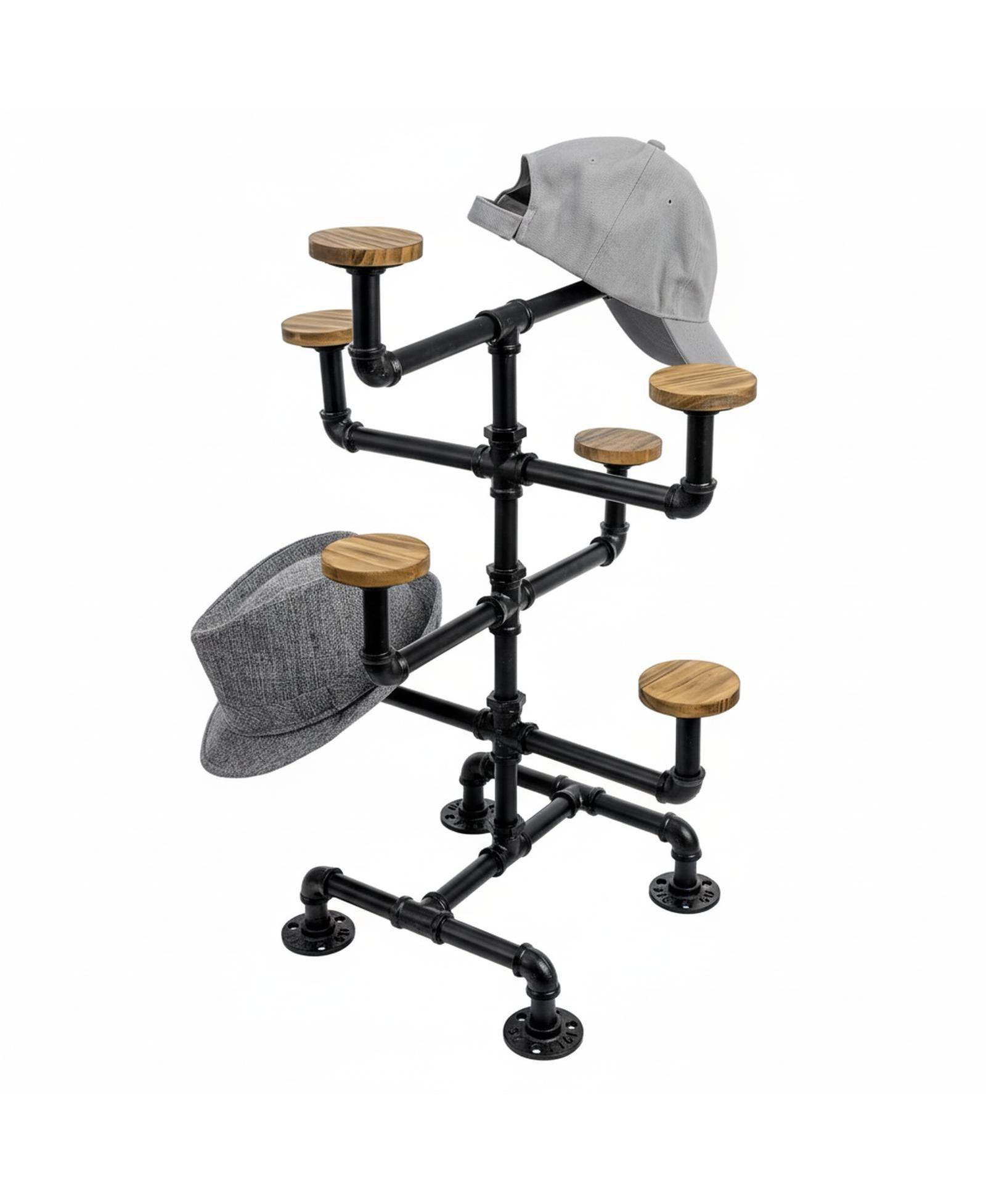 YIGII Hat Display Stand 8 Rustic Burnt Wood Hooks Metal Pipe Countertop for Hats Wigs