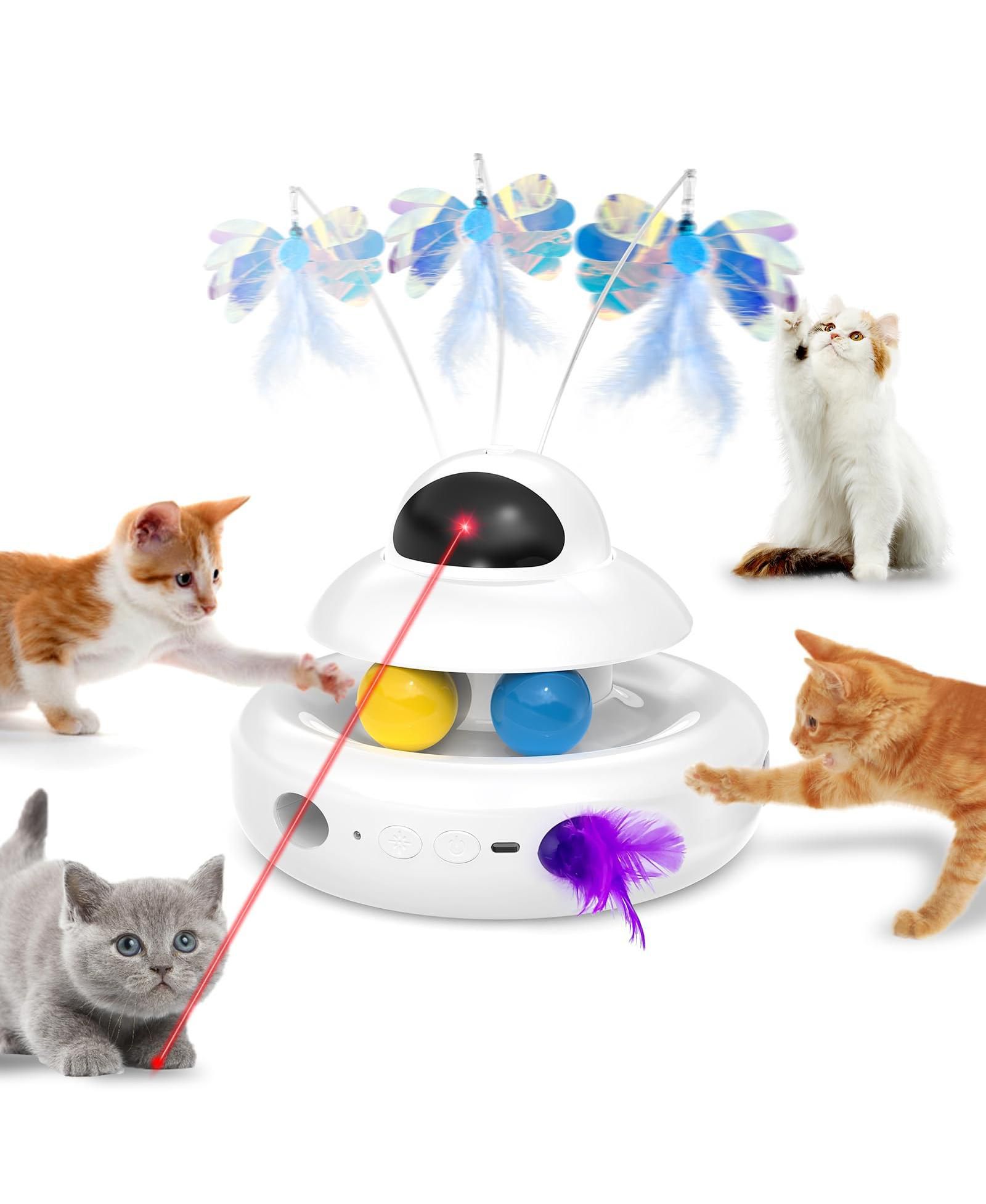 ARONKL 4-in-1 Interactive Cat Toy Automatic Self Play USB Rechargeable Butterfly Feather Track Balls Laser