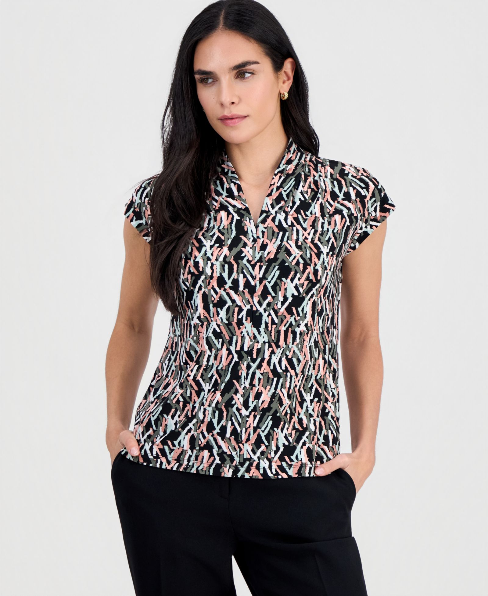 Kasper Petite Printed V-Neck Cap-Sleeve Blouse