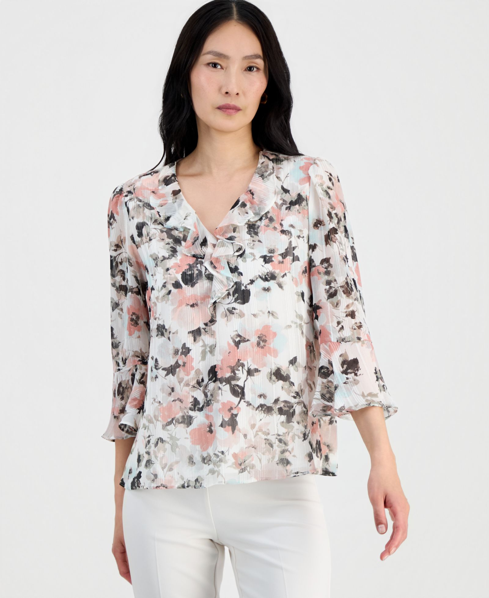 Kasper Petite Ruffle-Front V-Neck Blouse