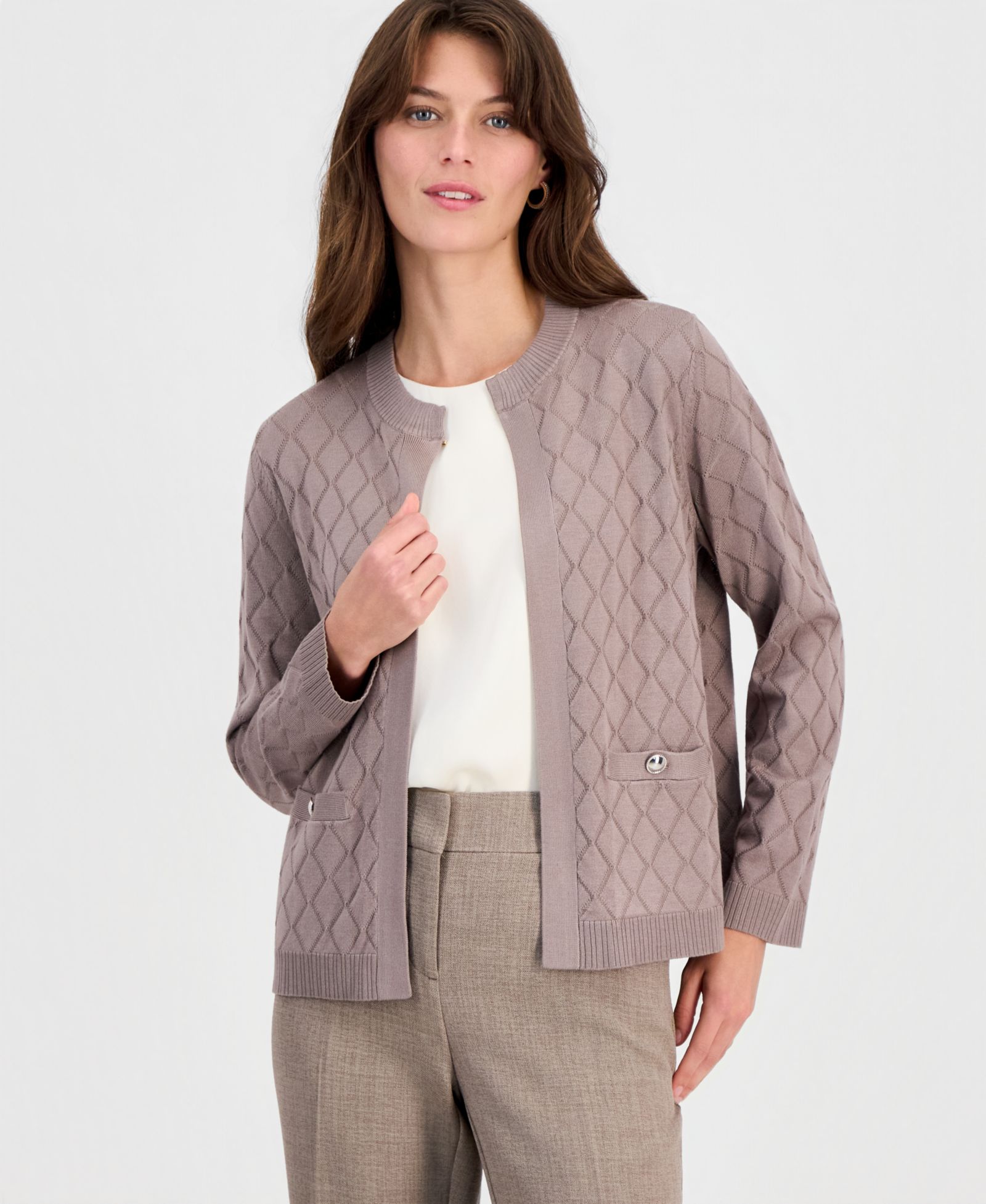 Кардиган Kasper Petite Kiss-Front Diamond Stitch