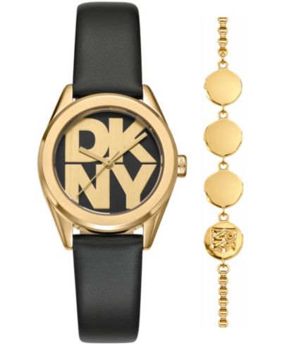 Женские часы DKNY Logo Quartz с черным кожаным ремешком, подарочный набор 28mm