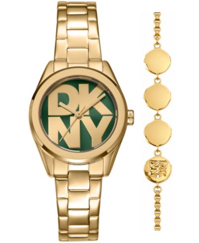 DKNY Women's Logo Quartz Gold-Tone Stainless Steel Bracelet Watch 28mm Gift Set