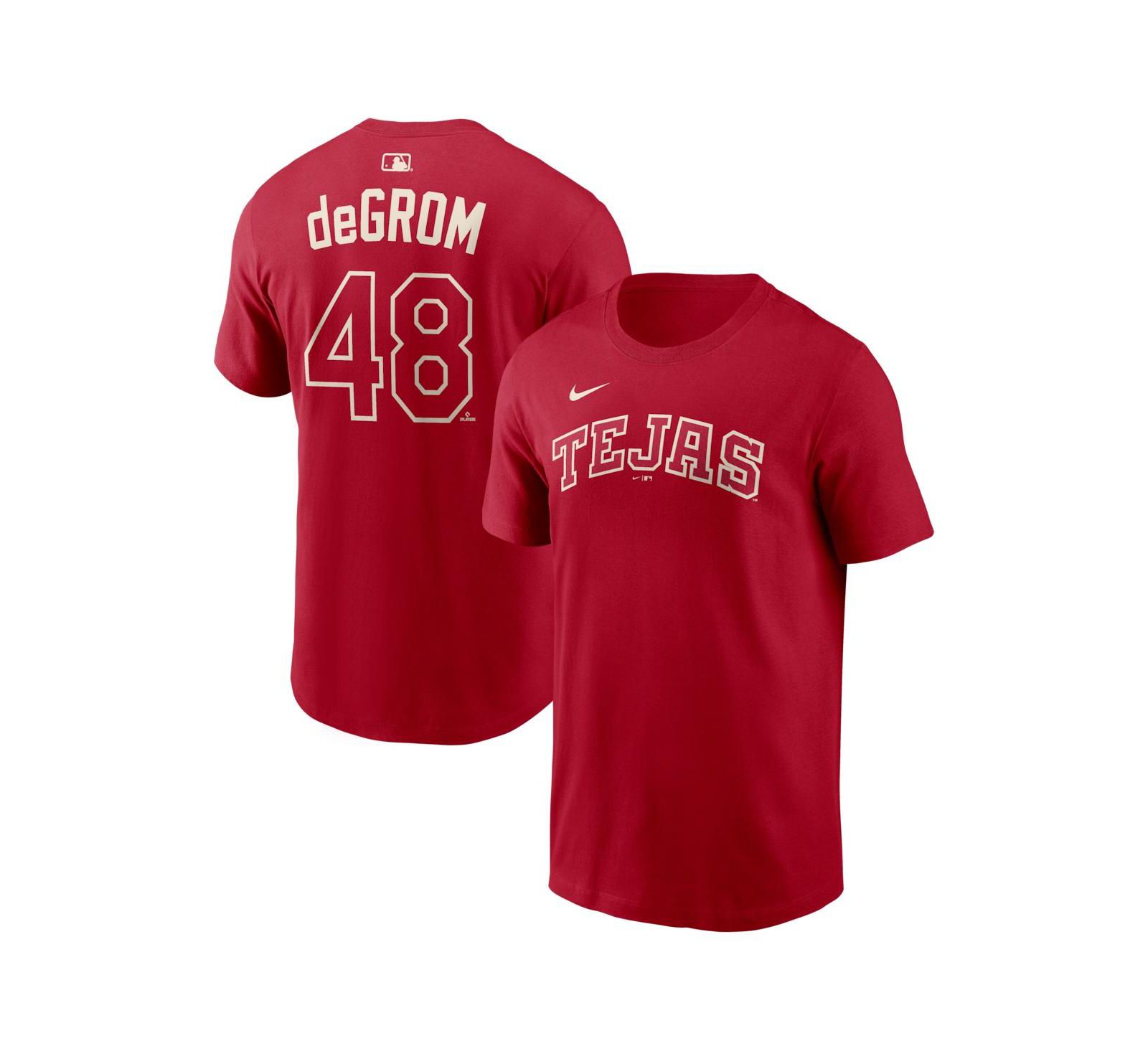 Nike Men's Jacob DeGrom Red Texas Rangers 2026 City Connect Name & Number T-Shirt