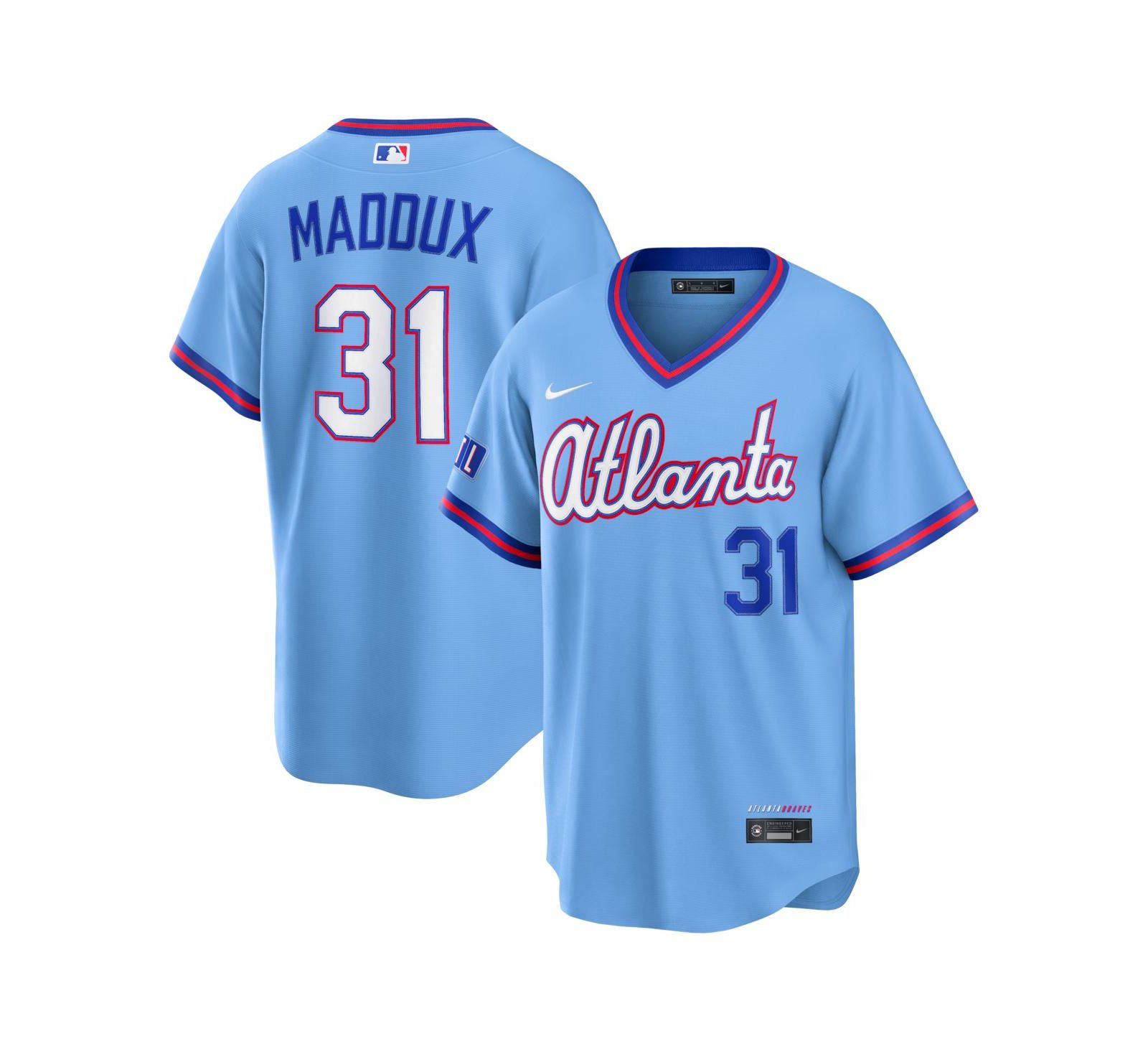 Мужская игровая джерси Nike Greg Maddux Atlanta Braves 2026 City Connect Stadium, голубая