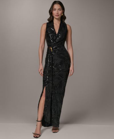 Donna Karan New York Petite V-Neck Croissant Ring Waist Gown