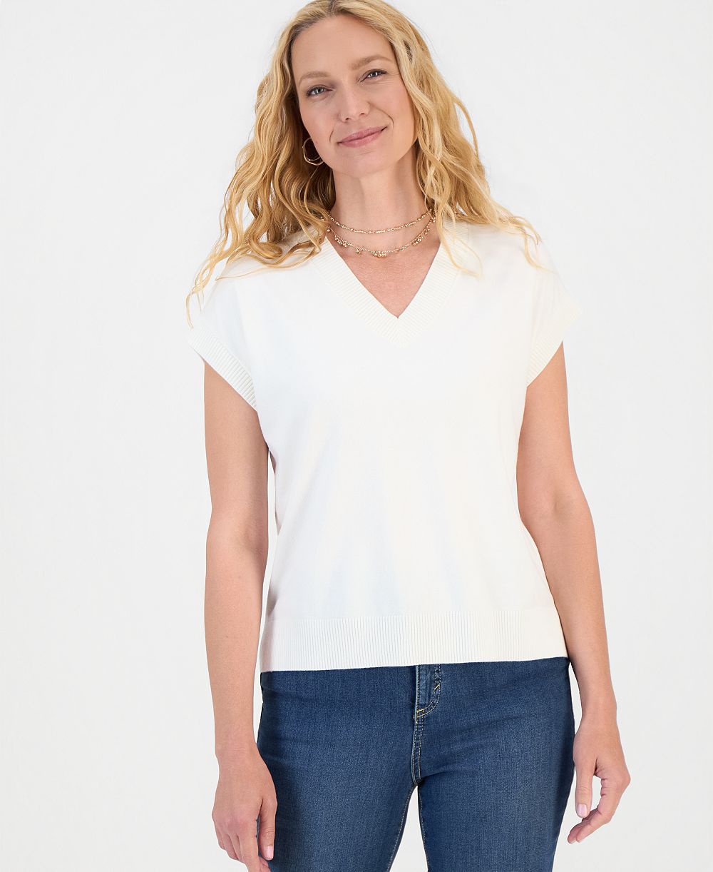 Легкий коротко рукавный свитер Style & Co Petite Palomino с V-образным вырезом, эксклюзив Macy's