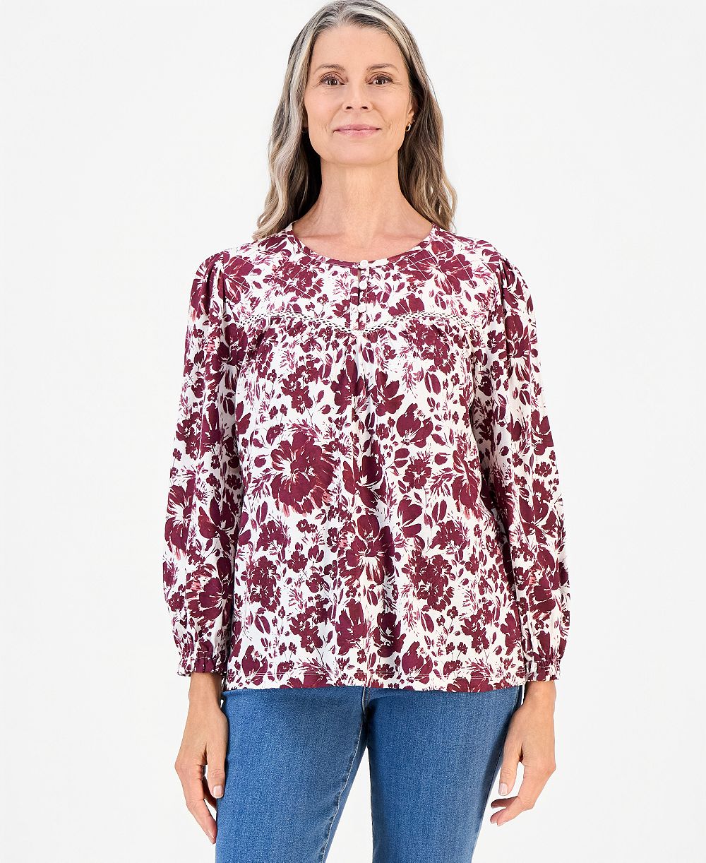 Style & Co Petite стеганый лиф длинный рукав цветочная блузка, эксклюзив Macy's